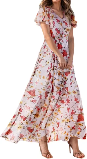 Women Summer Bohemian Floral Casual Wrap V Neck Ruffle Cap Sleeveless Belt A-Line Pleated Hem Long Sundress