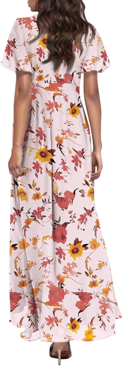 Women Summer Bohemian Floral Casual Wrap V Neck Ruffle Cap Sleeveless Belt A-Line Pleated Hem Long Sundress