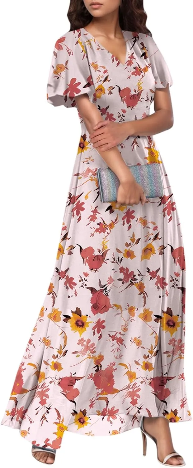 Women Summer Bohemian Floral Casual Wrap V Neck Ruffle Cap Sleeveless Belt A-Line Pleated Hem Long Sundress