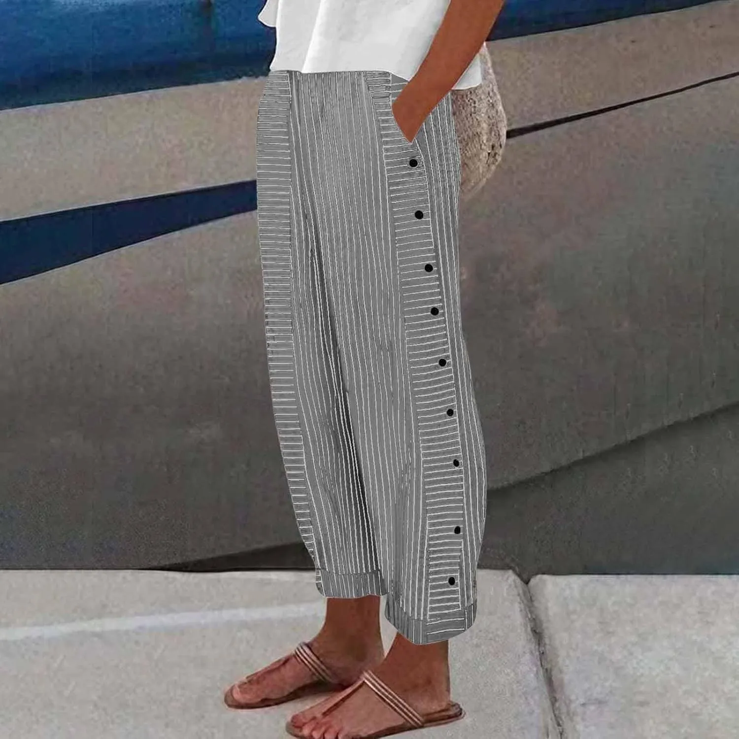 Women Summer Casual Linen Pants Straight Leg Elastic Waist Pockets Cropped Pants, Small-5X-Large, Beige
