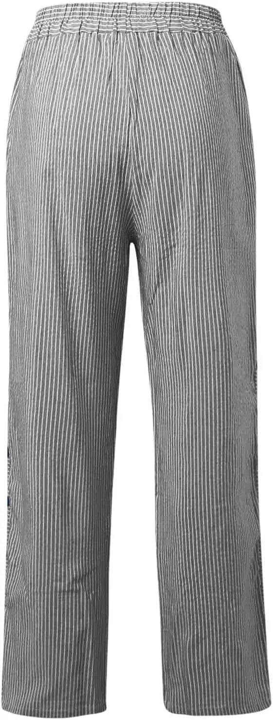 Women Summer Casual Linen Pants Straight Leg Elastic Waist Pockets Cropped Pants, Small-5X-Large, Beige
