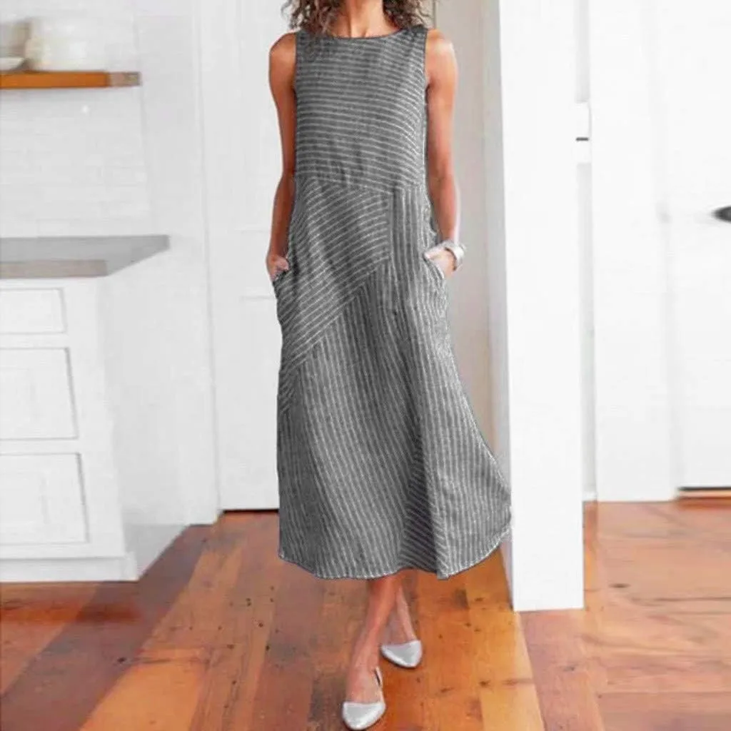 Women Summer Dresses Sun Dresses 2025 Vacation Plus Size Swing Linen Dress Sleeveless Maxi Dress with Pockects