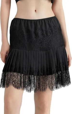 Women Y2k Lace Mini Skirts Low Rise Pleated Ruffle Trim Half Lace Slip Skirt Fairy Mesh Layered Flowy Short Skirts Underskirt (Slip Skirt with Lace Trim Black, M)
