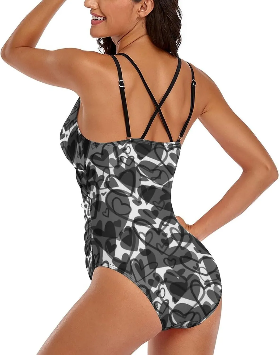 Womens 1 Piece Swimsuit Halterneck Tummy Control Black Hearts Breathable Full Coverage Bathing Suit