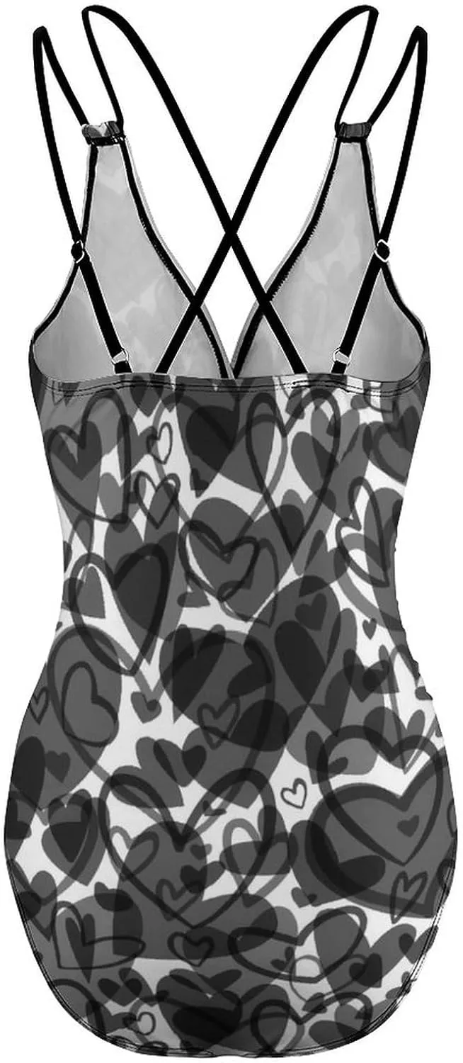 Womens 1 Piece Swimsuit Halterneck Tummy Control Black Hearts Breathable Full Coverage Bathing Suit