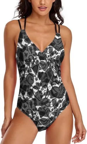 Womens 1 Piece Swimsuit Halterneck Tummy Control Black Hearts Breathable Full Coverage Bathing Suit
