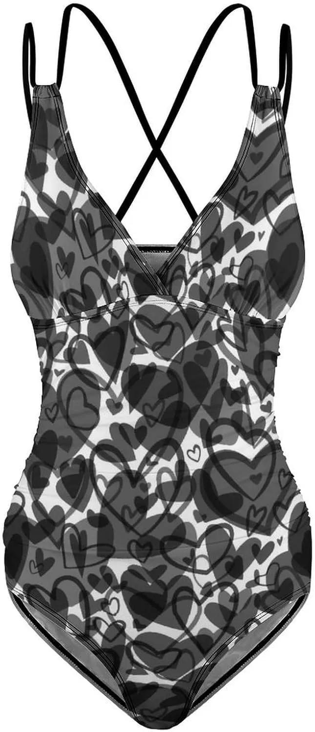 Womens 1 Piece Swimsuit Halterneck Tummy Control Black Hearts Breathable Full Coverage Bathing Suit
