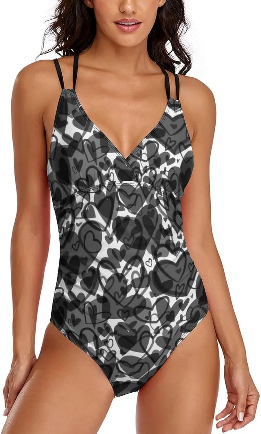 Womens 1 Piece Swimsuit Halterneck Tummy Control Black Hearts Breathable Full Coverage Bathing Suit
