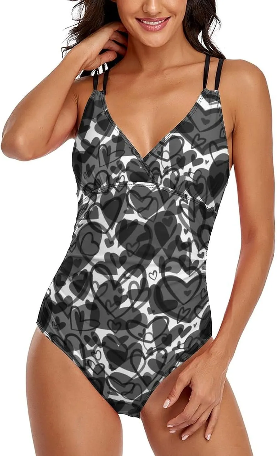 Womens 1 Piece Swimsuit Halterneck Tummy Control Black Hearts Breathable Full Coverage Bathing Suit
