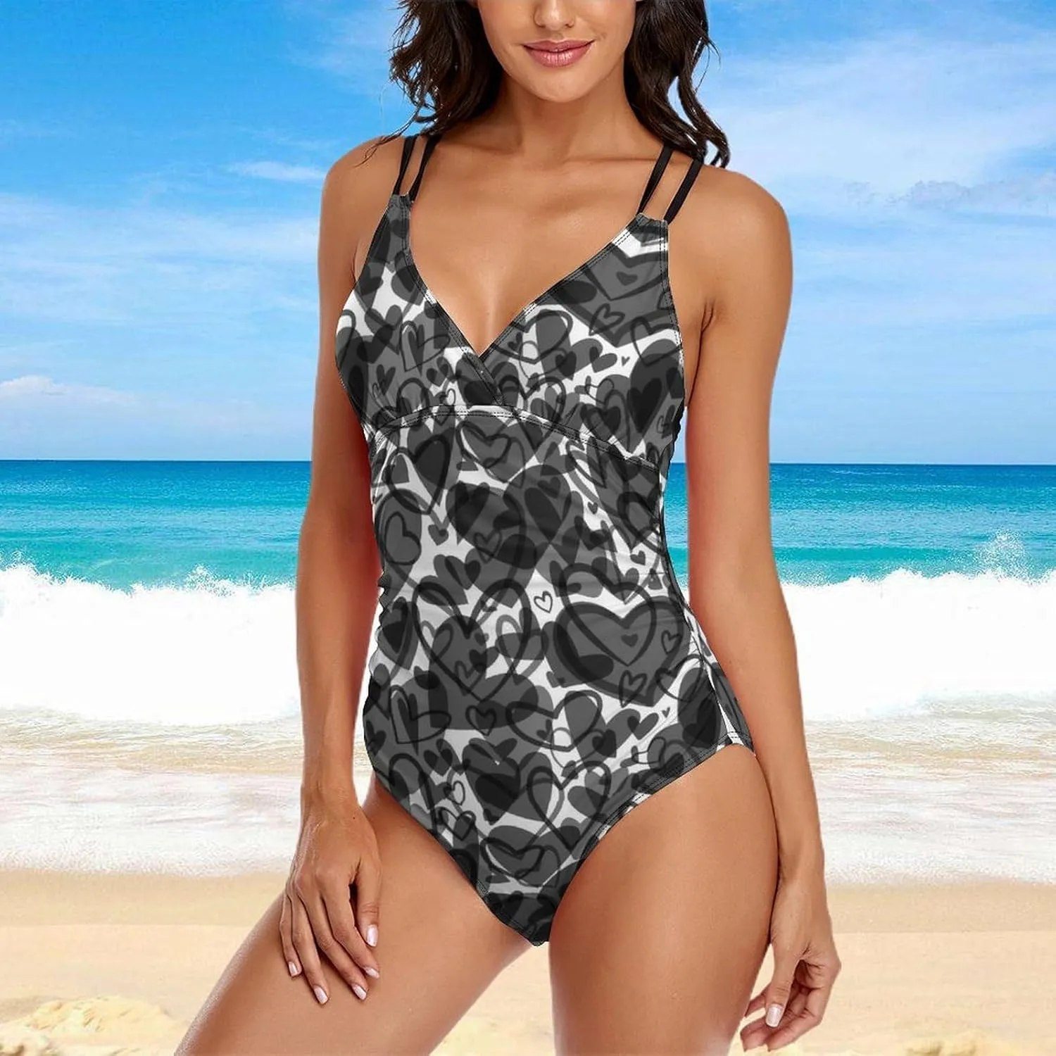 Womens 1 Piece Swimsuit Halterneck Tummy Control Black Hearts Breathable Full Coverage Bathing Suit