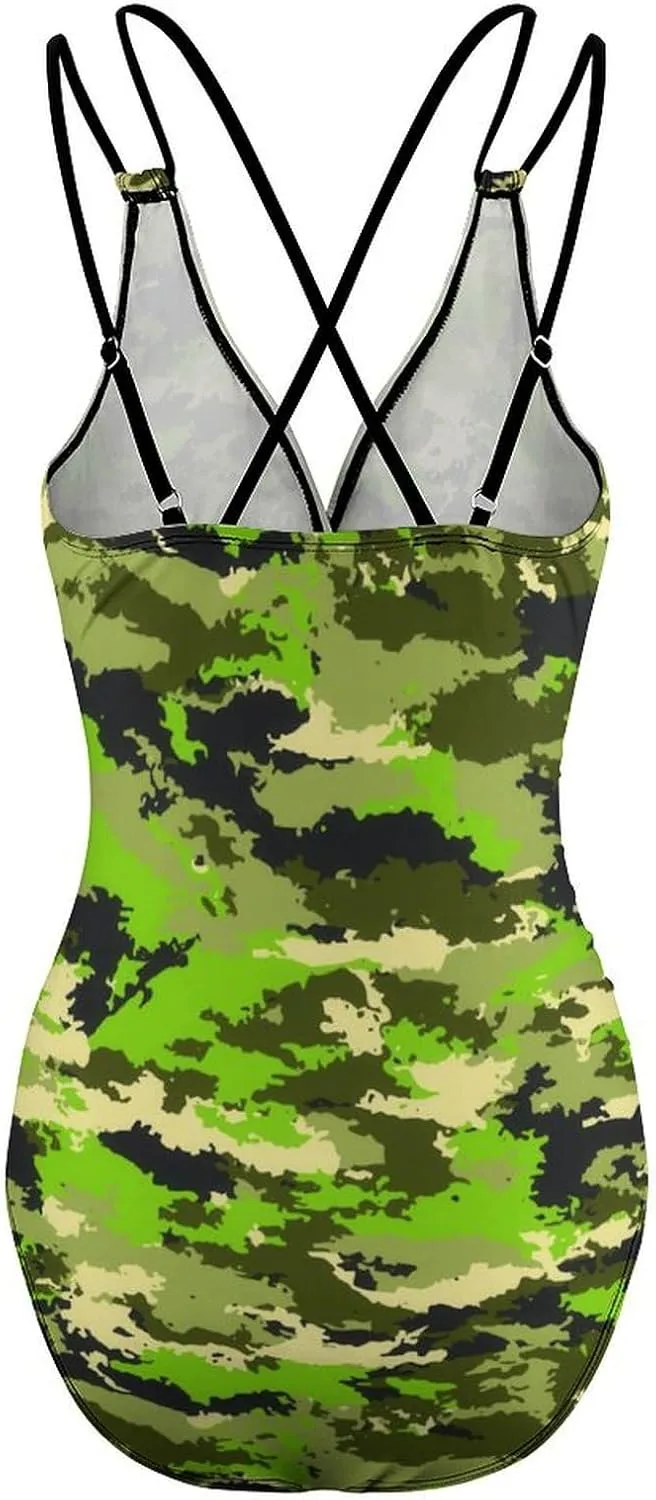 Womens' 1 Piece Swimsuits Halterneck Tummy Control Green Camouflage Novelty Full Coverage Swimsuits