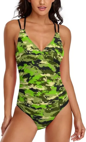 Womens' 1 Piece Swimsuits Halterneck Tummy Control Green Camouflage Novelty Full Coverage Swimsuits