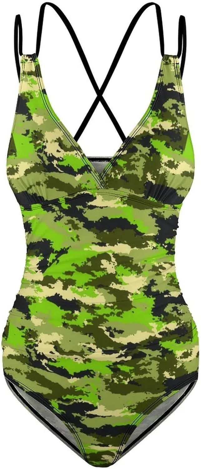 Womens' 1 Piece Swimsuits Halterneck Tummy Control Green Camouflage Novelty Full Coverage Swimsuits