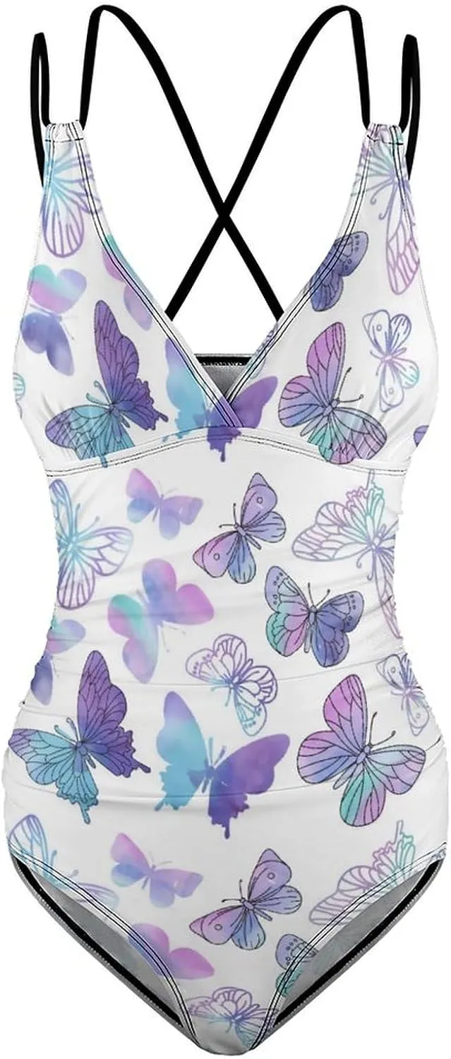Womens 1 Piece Swimwear Spaghetti Strap Tummy Control Butterfly Lovely Full Coverage Bathing Suit