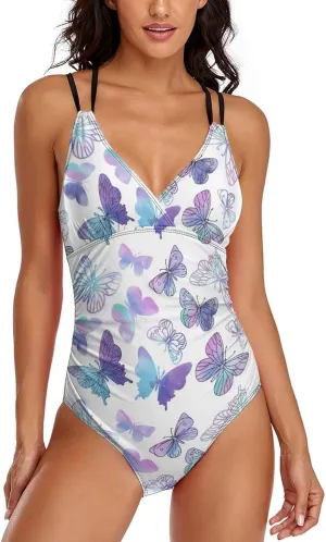 Womens 1 Piece Swimwear Spaghetti Strap Tummy Control Butterfly Lovely Full Coverage Bathing Suit