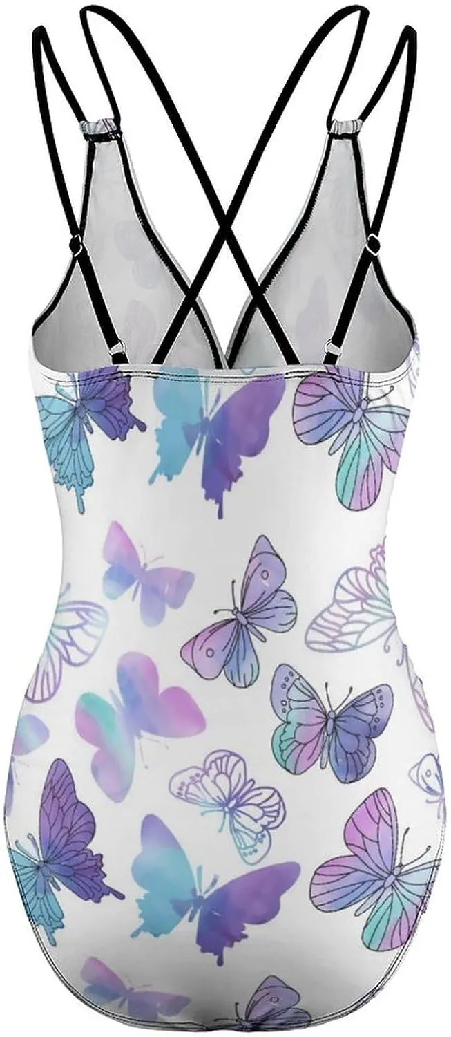 Womens 1 Piece Swimwear Spaghetti Strap Tummy Control Butterfly Lovely Full Coverage Bathing Suit
