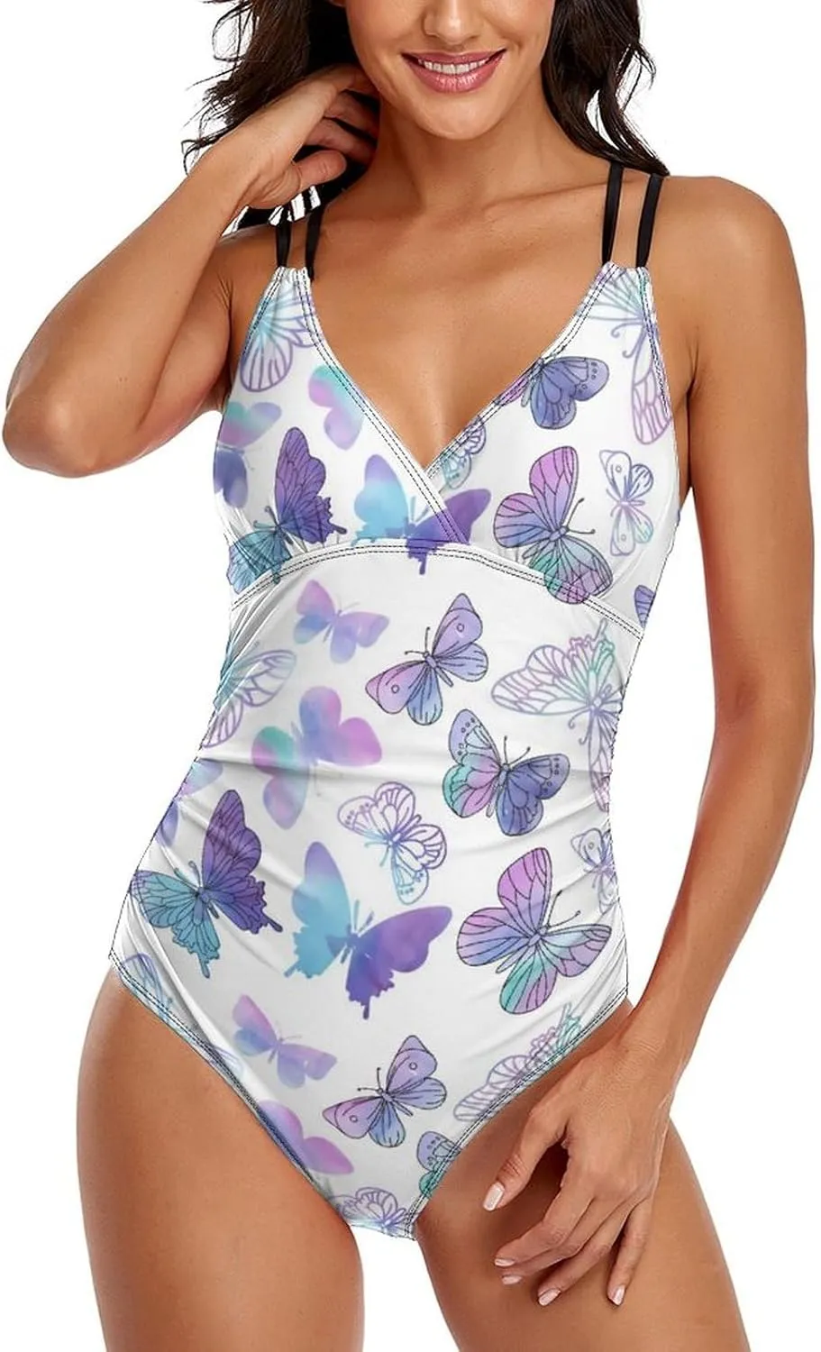 Womens 1 Piece Swimwear Spaghetti Strap Tummy Control Butterfly Lovely Full Coverage Bathing Suit