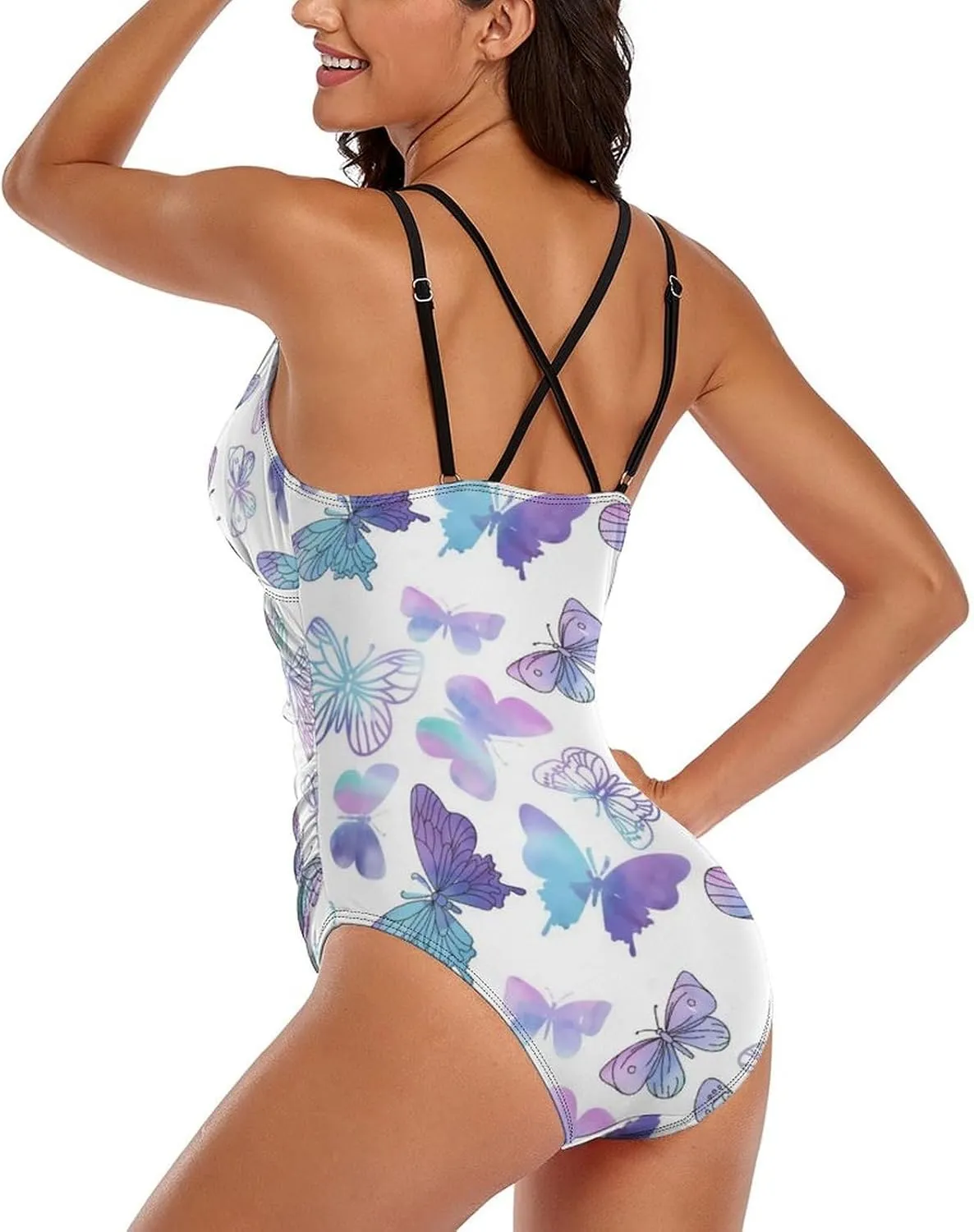 Womens 1 Piece Swimwear Spaghetti Strap Tummy Control Butterfly Lovely Full Coverage Bathing Suit
