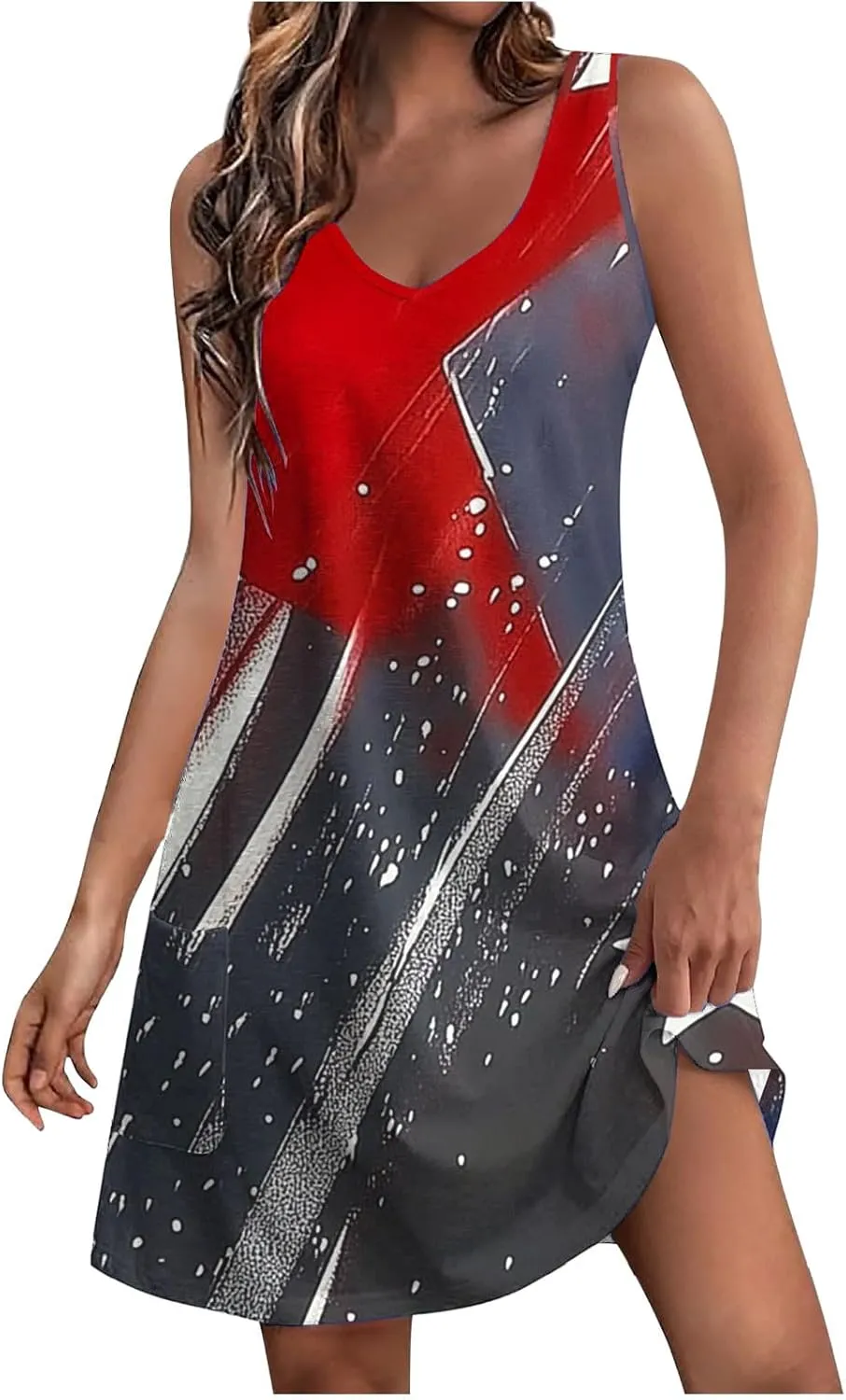 Womens 4th of July Sundress Sleeveless V Neck Patriotic Tank Dress Casual Loose Flowy Mini Short Dress