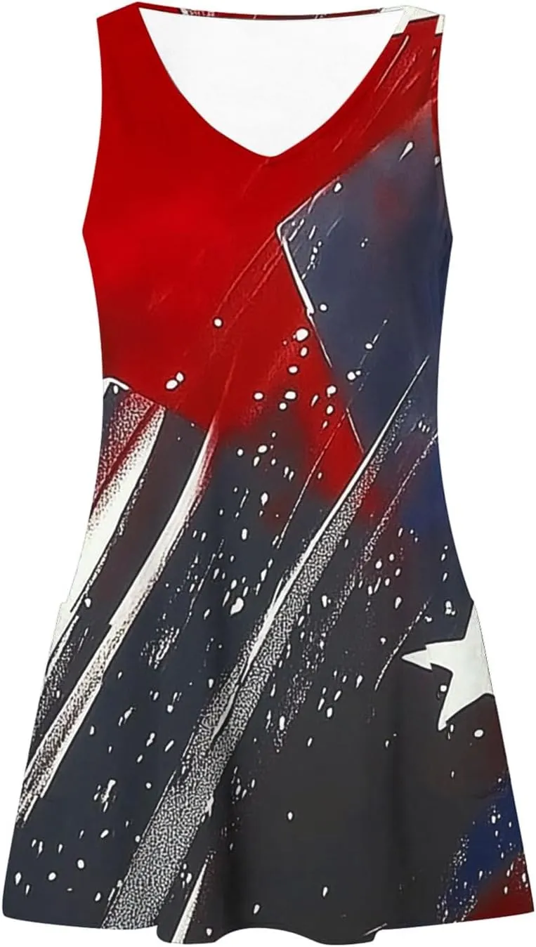 Womens 4th of July Sundress Sleeveless V Neck Patriotic Tank Dress Casual Loose Flowy Mini Short Dress
