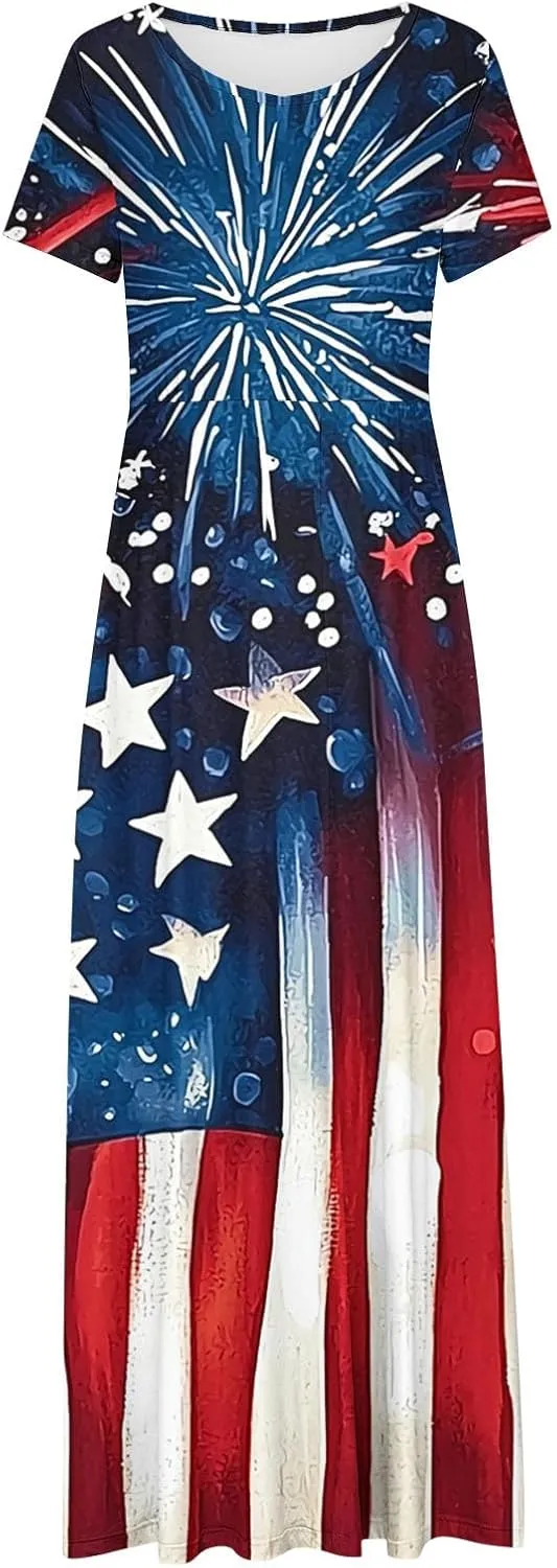 Womens American Flag Summer Maxi Dresses Short Sleeve Crewneck Dress Vacation Resort Outfits 2025