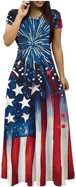 Womens American Flag Summer Maxi Dresses Short Sleeve Crewneck Dress Vacation Resort Outfits 2025