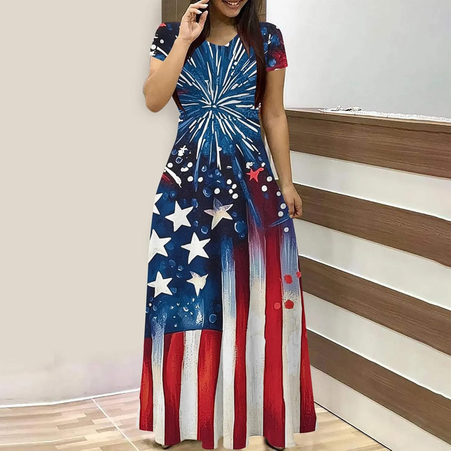 Womens American Flag Summer Maxi Dresses Short Sleeve Crewneck Dress Vacation Resort Outfits 2025
