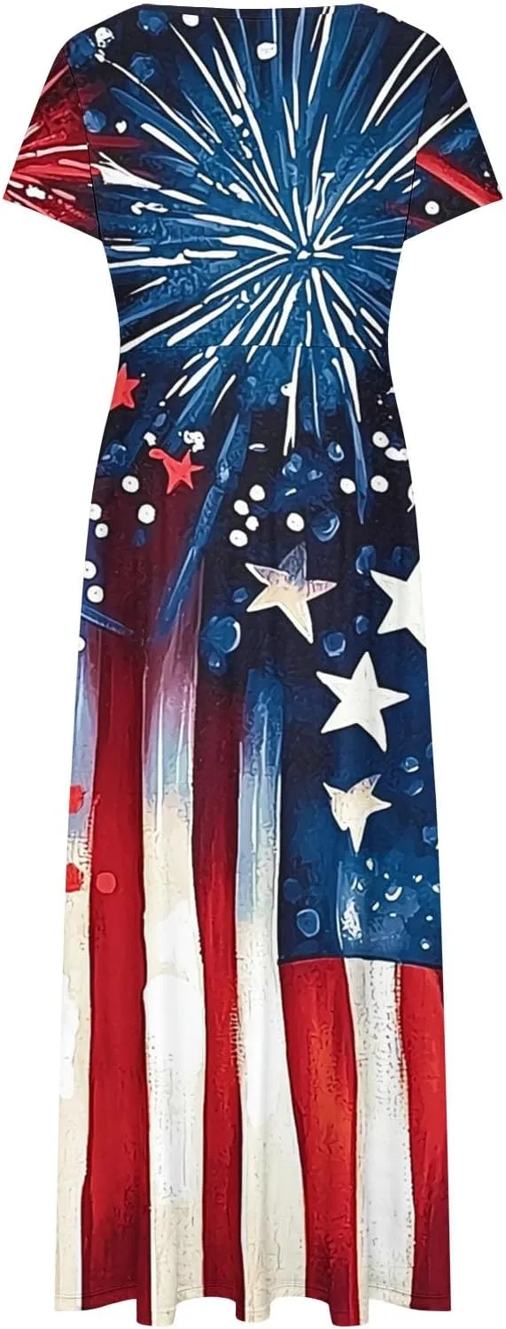 Womens American Flag Summer Maxi Dresses Short Sleeve Crewneck Dress Vacation Resort Outfits 2025