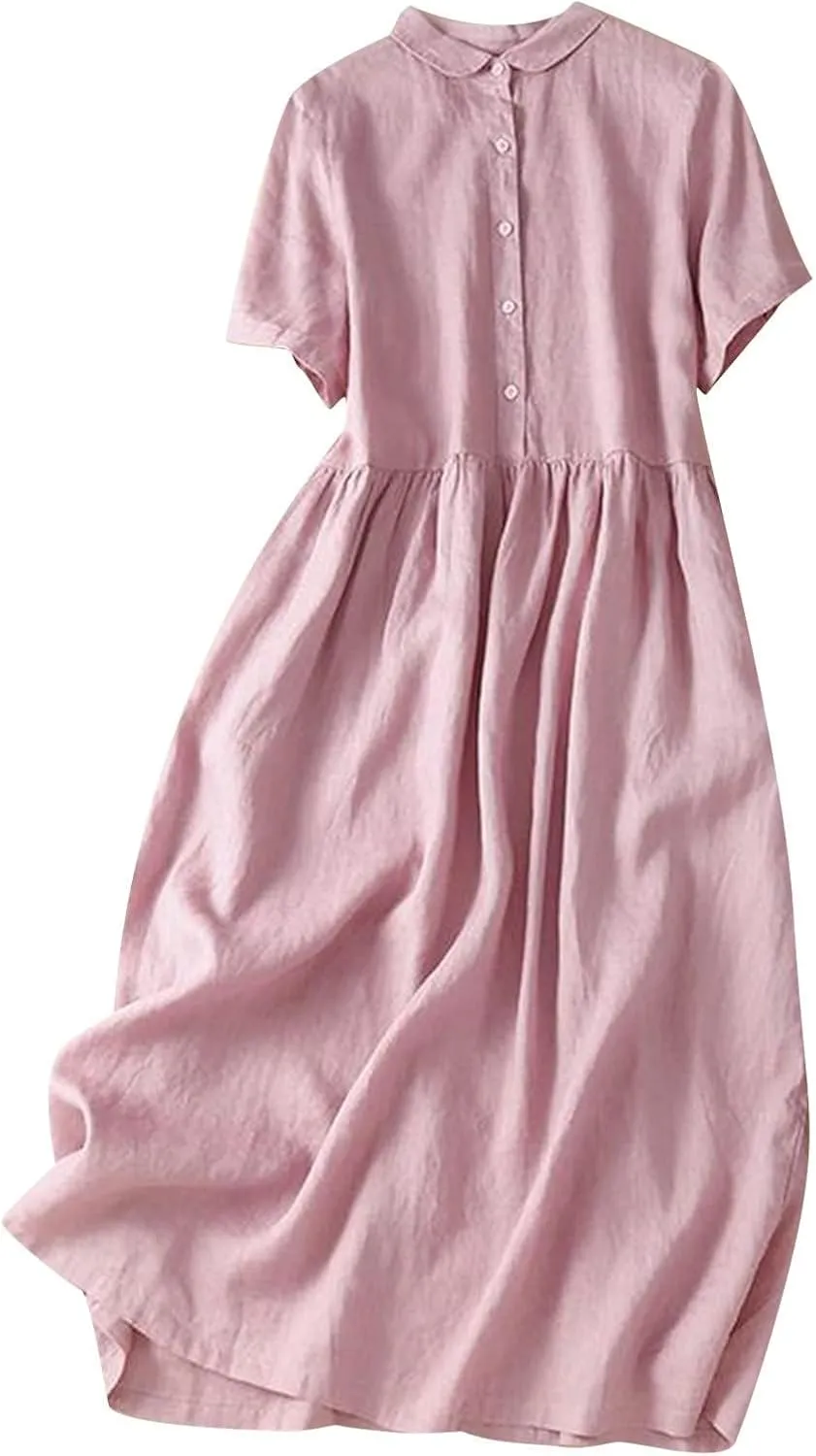 Womens Bohemian Cotton Linen Dresses 3/4 Sleeve Maxi Long Dress Summer Solid Plain Cute Vacation Flowy Trendy Dresses