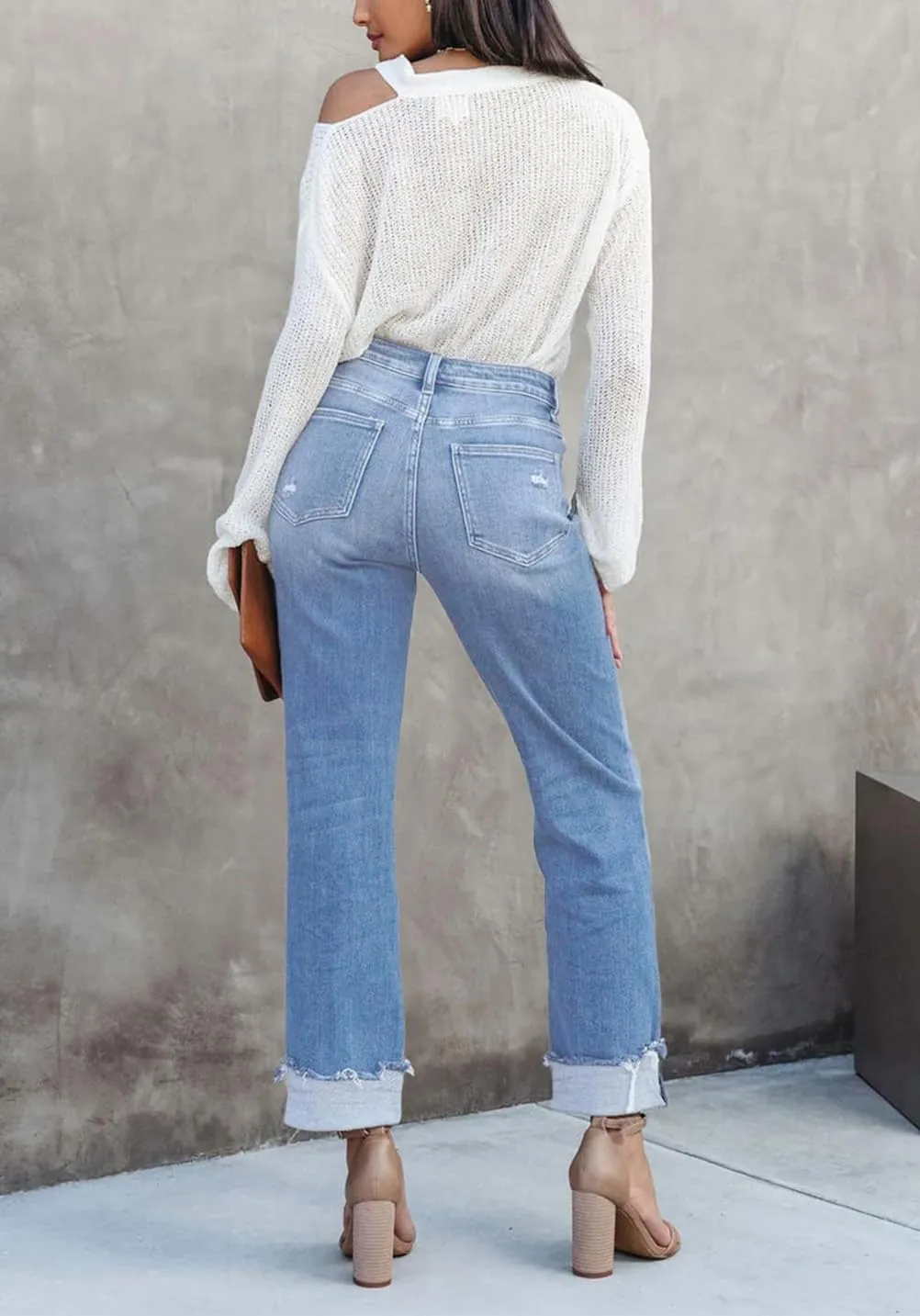 Womens Cargo Denim Jeans High Waisted Stretchy Flap Pocket Straight Leg Pants