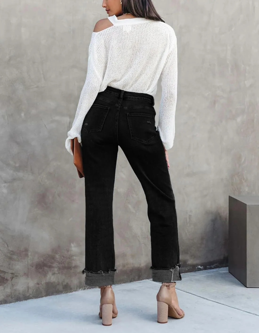 Womens Cargo Denim Jeans High Waisted Stretchy Flap Pocket Straight Leg Pants