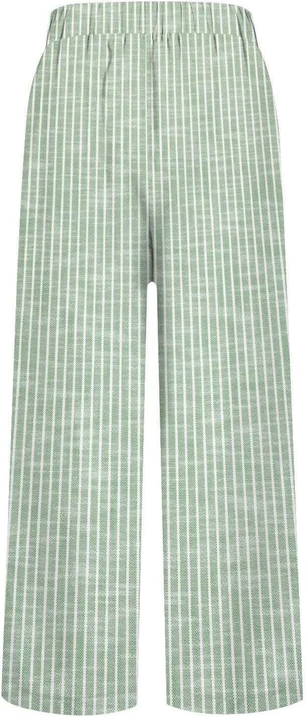 Women's Casual Boho Striped Cotton Linen Pants Elastic Waist Drawstring Summer Beach Baggy Capri Straight Leg Trouser