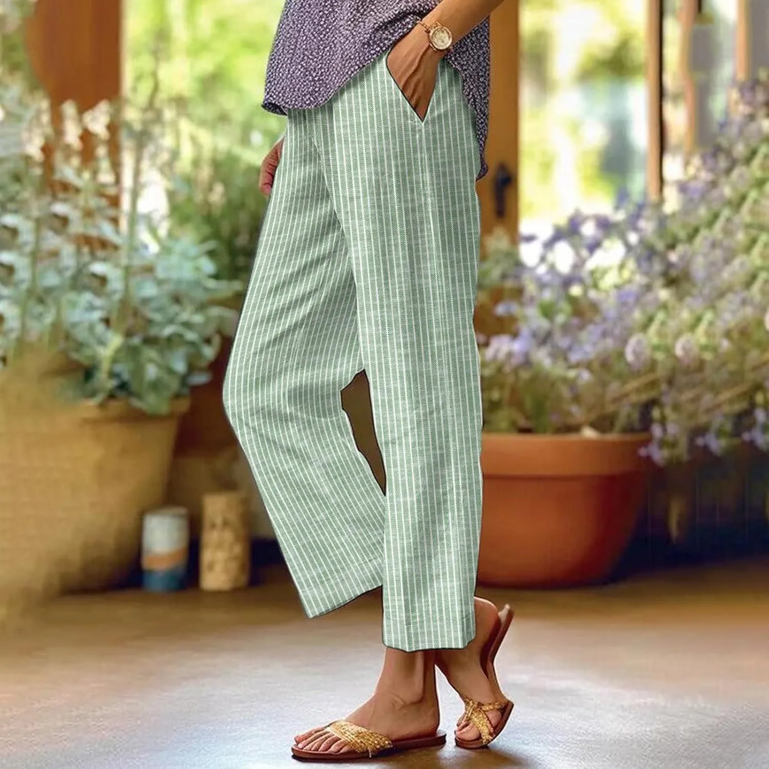 Women's Casual Boho Striped Cotton Linen Pants Elastic Waist Drawstring Summer Beach Baggy Capri Straight Leg Trouser