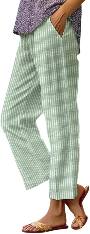 Women's Casual Boho Striped Cotton Linen Pants Elastic Waist Drawstring Summer Beach Baggy Capri Straight Leg Trouser