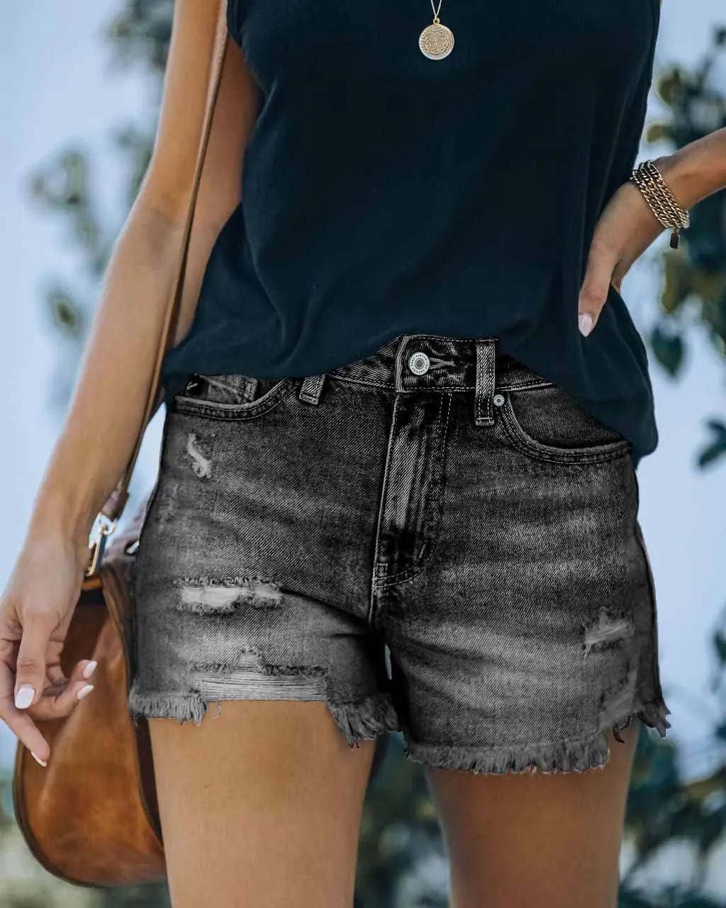Women's Casual High Waisted Denim Shorts Frayed Raw Hem Stretch Ripped Jean Shorts