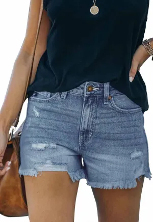 Women's Casual High Waisted Denim Shorts Frayed Raw Hem Stretch Ripped Jean Shorts