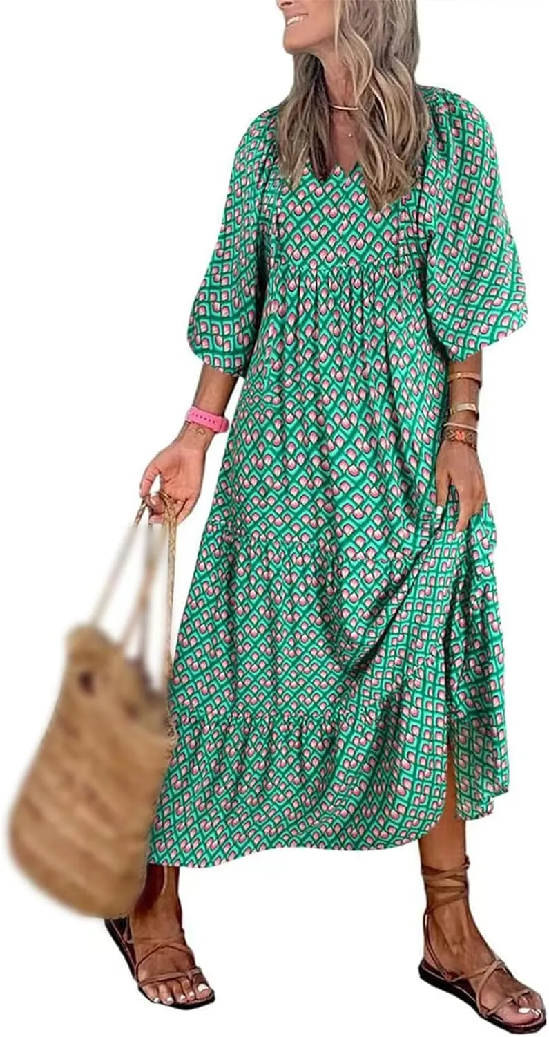 Womens Casual Long Dress V Neck Half Sleeve Geometric Pattern Dress Summer Bohe Floral Loose Flowy Maxi Dresses