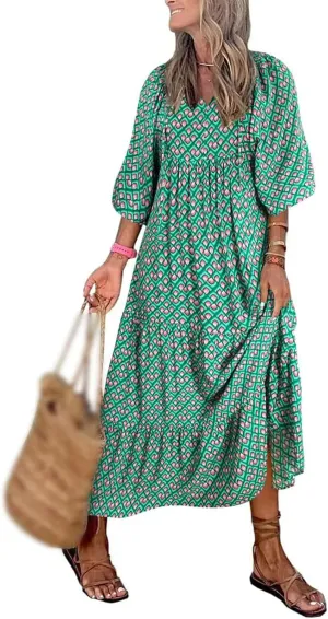 Womens Casual Long Dress V Neck Half Sleeve Geometric Pattern Dress Summer Bohe Floral Loose Flowy Maxi Dresses