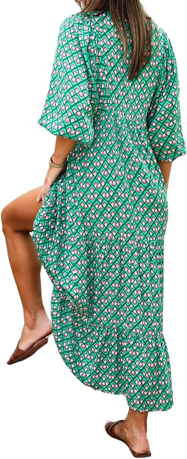 Womens Casual Long Dress V Neck Half Sleeve Geometric Pattern Dress Summer Bohe Floral Loose Flowy Maxi Dresses