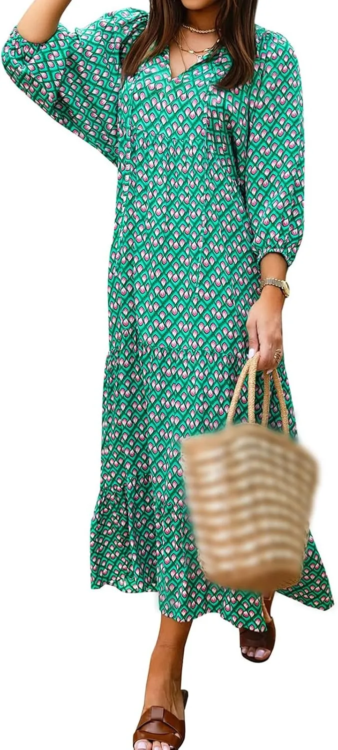 Womens Casual Long Dress V Neck Half Sleeve Geometric Pattern Dress Summer Bohe Floral Loose Flowy Maxi Dresses