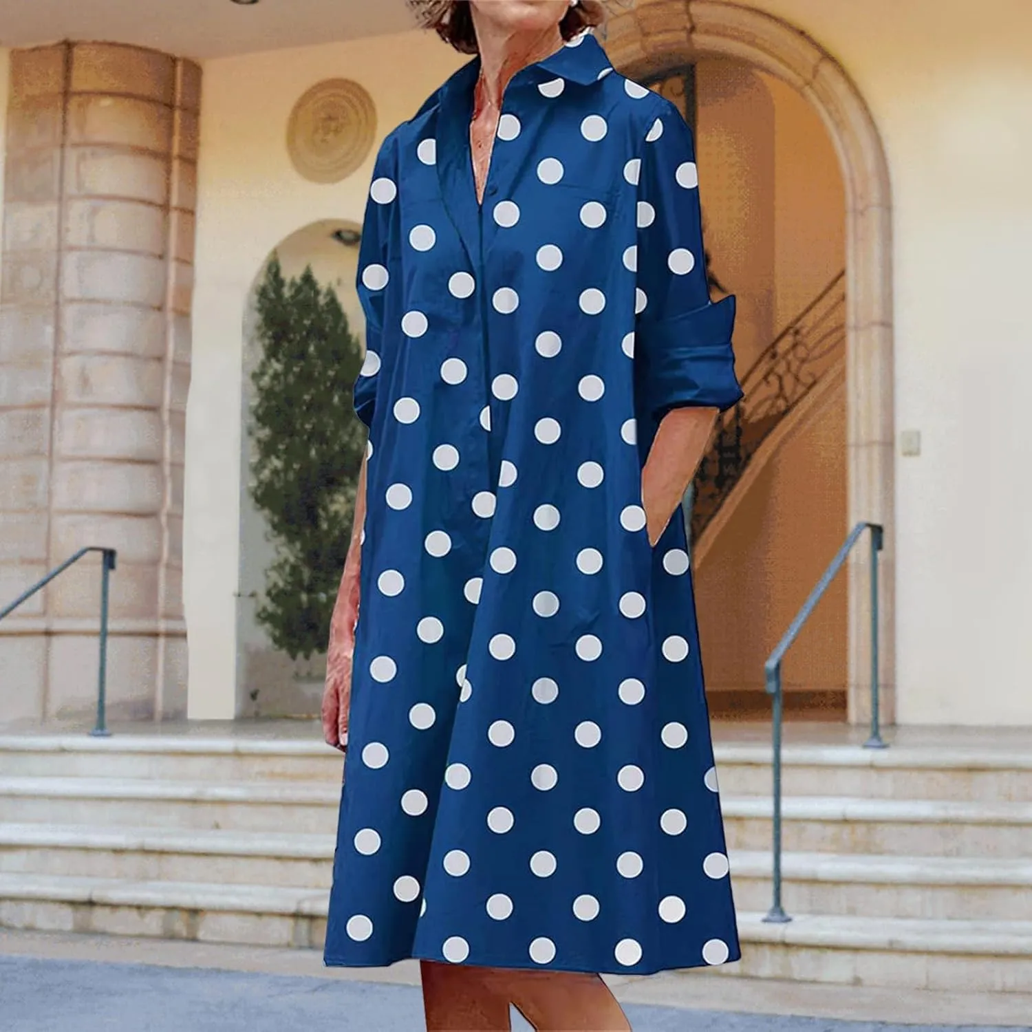 Womens Casual Midi Dress Summer Long Sleeve Button Down Shirt Dresses Trendy V Neck Color Block Print Beach Sundress
