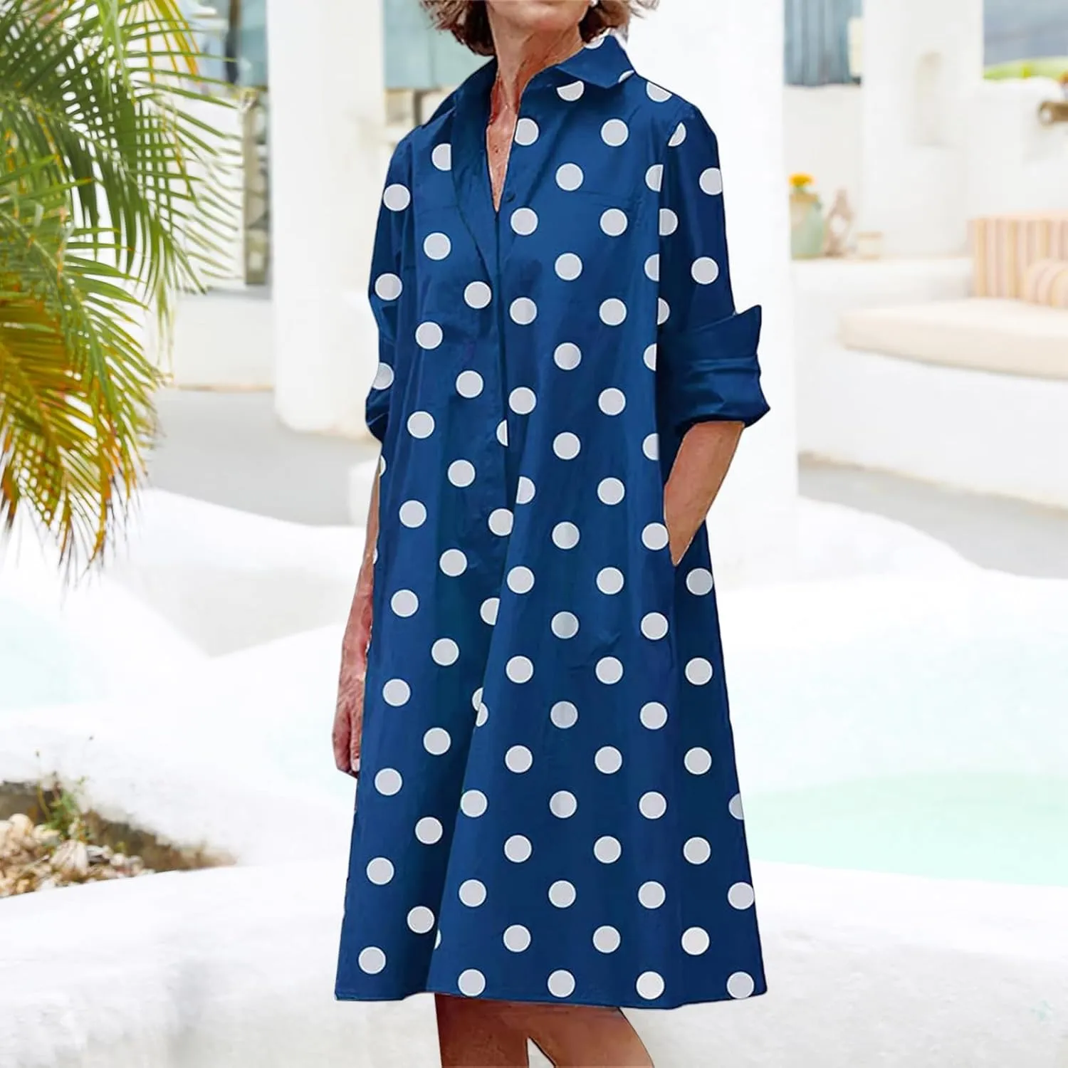 Womens Casual Midi Dress Summer Long Sleeve Button Down Shirt Dresses Trendy V Neck Color Block Print Beach Sundress