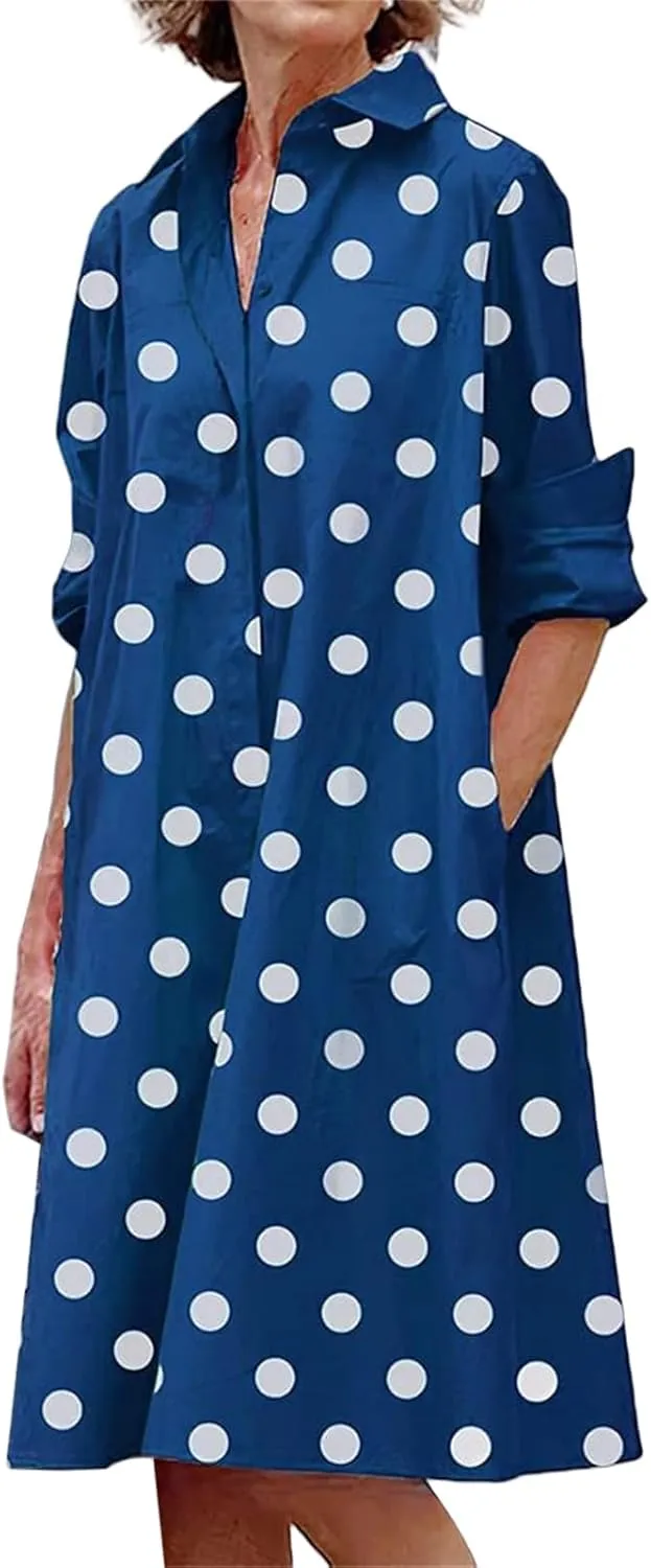Womens Casual Midi Dress Summer Long Sleeve Button Down Shirt Dresses Trendy V Neck Color Block Print Beach Sundress