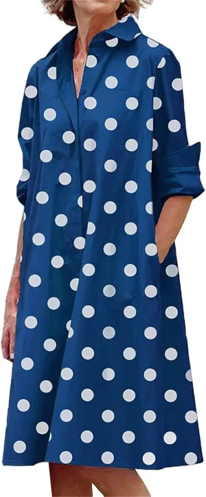 Womens Casual Midi Dress Summer Long Sleeve Button Down Shirt Dresses Trendy V Neck Color Block Print Beach Sundress