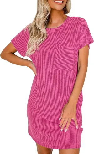 Womens Casual Shirt Dress Ribbed Crew Neck Short Sleeve Tunic Mini Tshirt Dress Summer Fashion Loose Beach Sundress