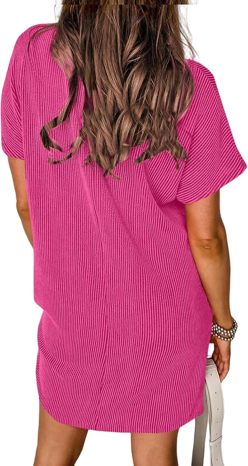 Womens Casual Shirt Dress Ribbed Crew Neck Short Sleeve Tunic Mini Tshirt Dress Summer Fashion Loose Beach Sundress