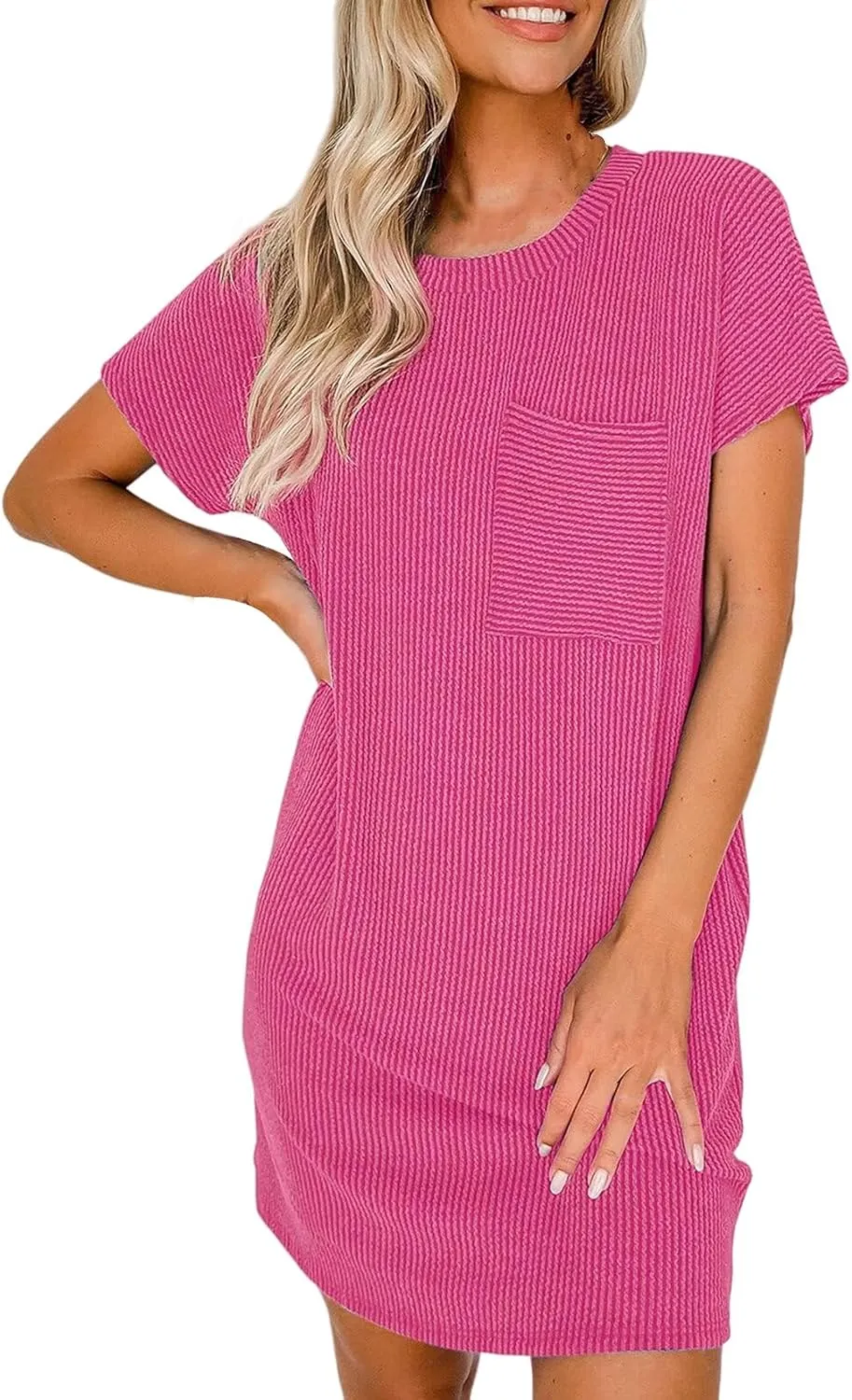 Womens Casual Shirt Dress Ribbed Crew Neck Short Sleeve Tunic Mini Tshirt Dress Summer Fashion Loose Beach Sundress