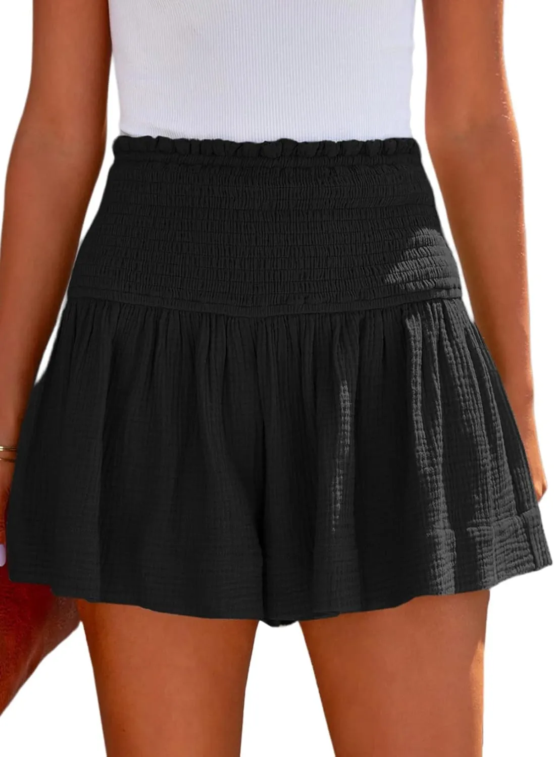 Women's Casual Shorts High Elastic Waisted Pleated Ruffle Cute Shorts Beach Flowy Shorts