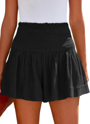 Women's Casual Shorts High Elastic Waisted Pleated Ruffle Cute Shorts Beach Flowy Shorts