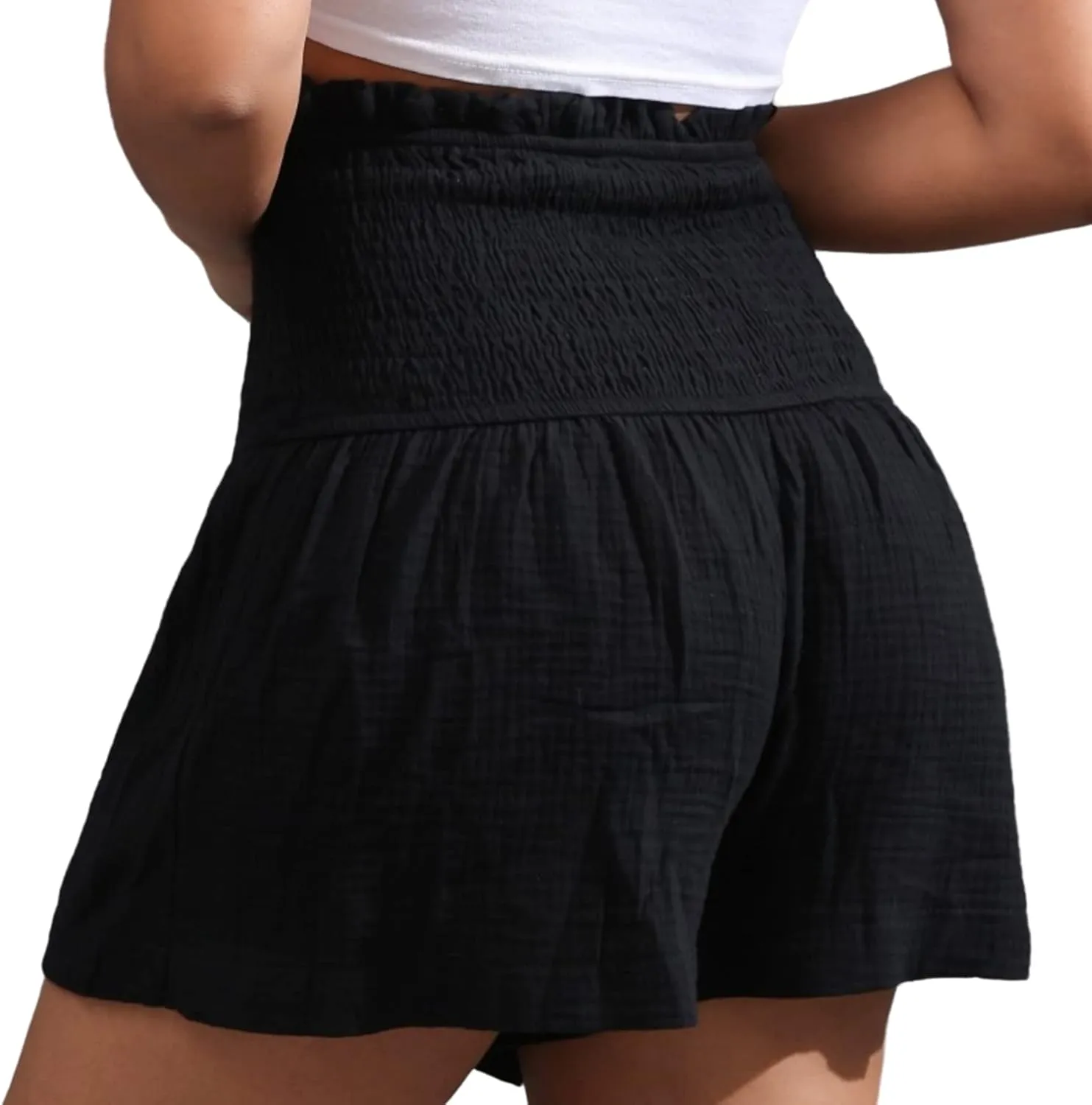 Women's Casual Shorts High Elastic Waisted Pleated Ruffle Cute Shorts Beach Flowy Shorts